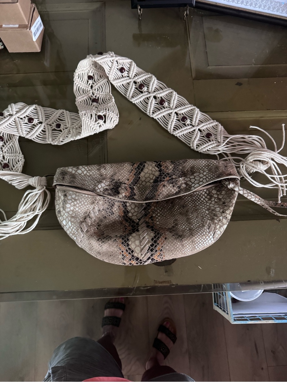 Neutral Snake-Print Crossbody Bag with Macramé Strap Free People